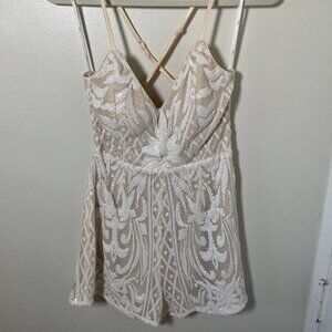 Catch a Spark White and Beige Sequin Romper - Medium, Lulus